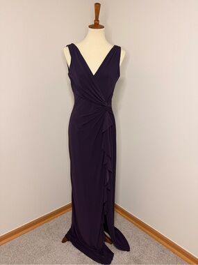Ralph Lauren Plum V-Neck Sleeveless Maxi Gown with Side Ruching